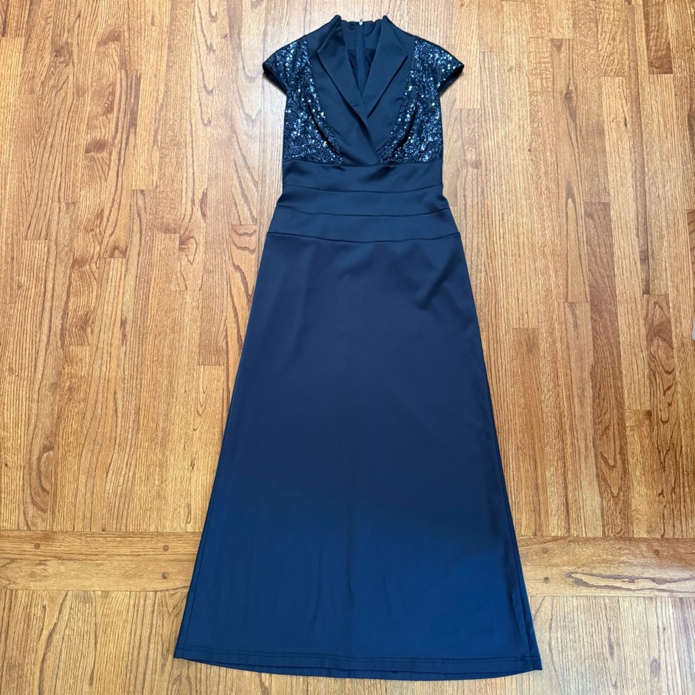 Tadashi Collection Cap-Sleeve Satin Sequined Navy Gown Dress size 6 - Picture 2 of 13